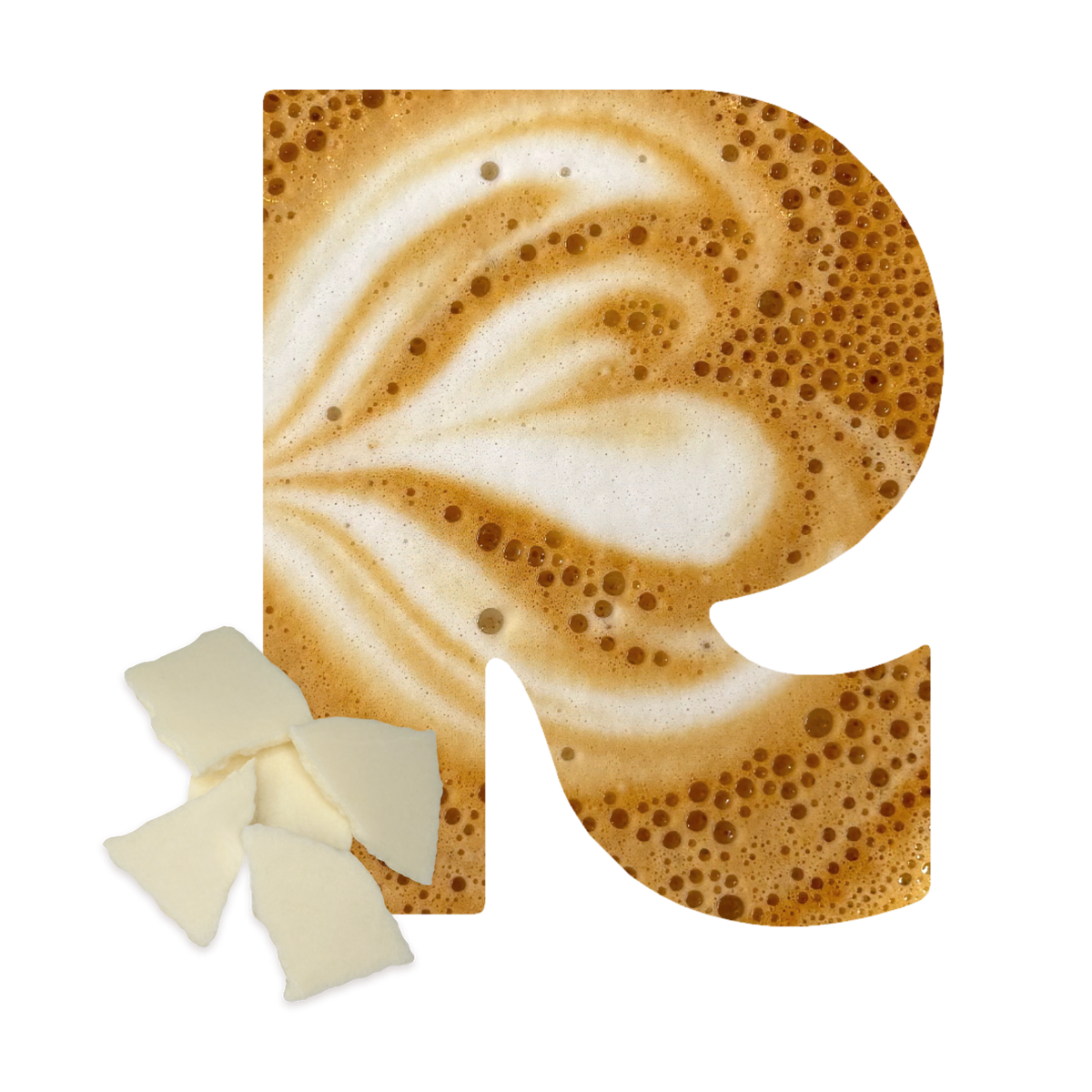 Rareform R graphic with white crème pieces for Brown Sugar Chai Latte flavor