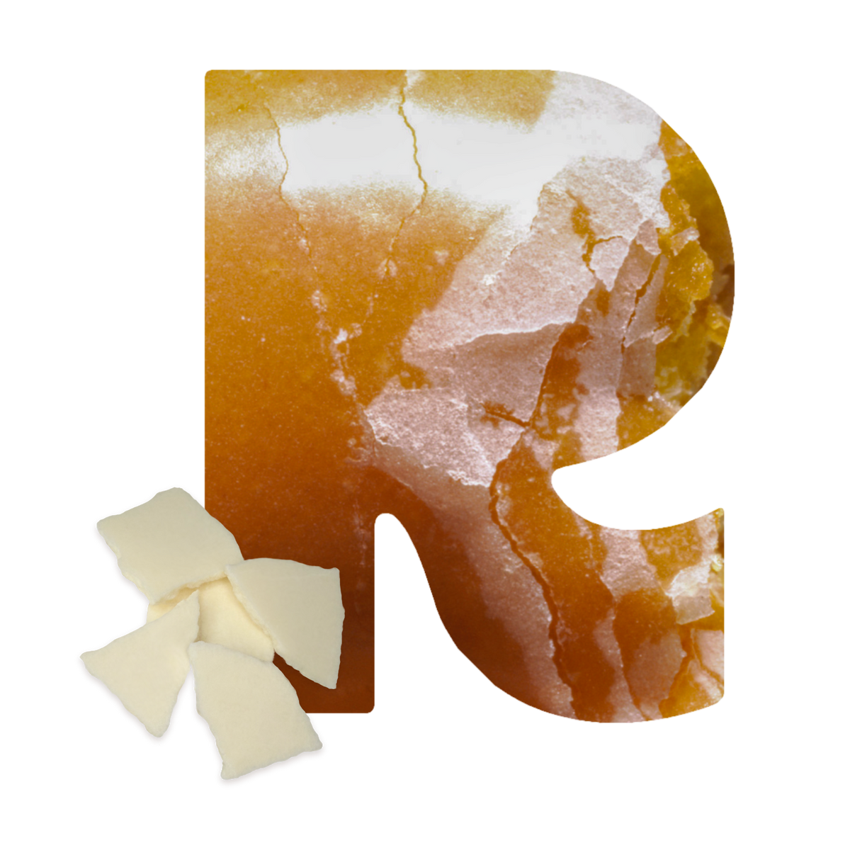 Rareform R graphic with white crème pieces for The Original iced pastry flavor