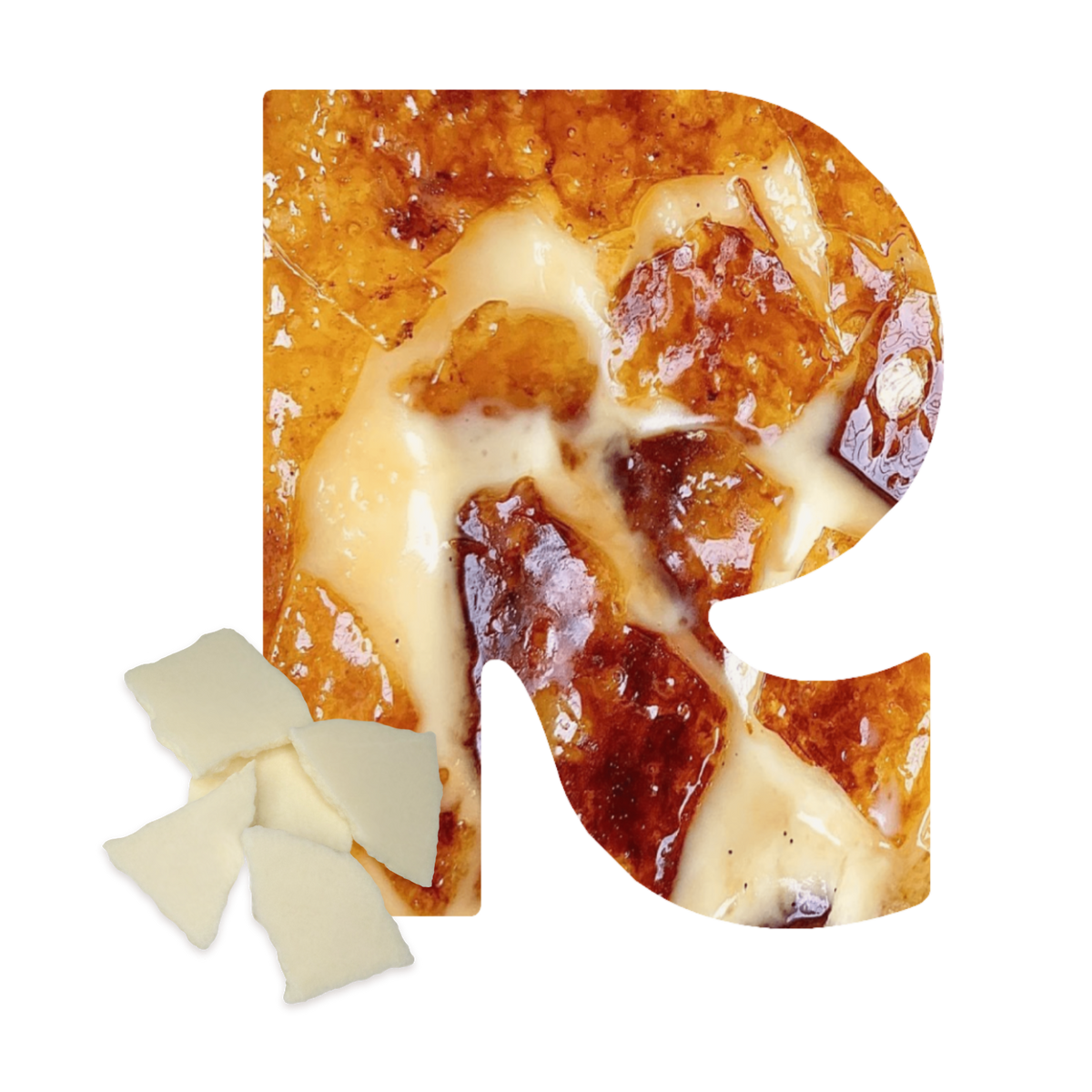 Rareform R graphic with white crème pieces for Pumpkin Crème Brûlée flavor