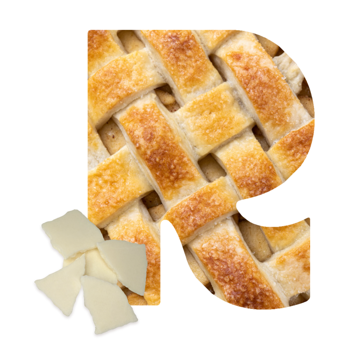 Rareform R graphic with white crème pieces for Spiced Apple Pie flavor