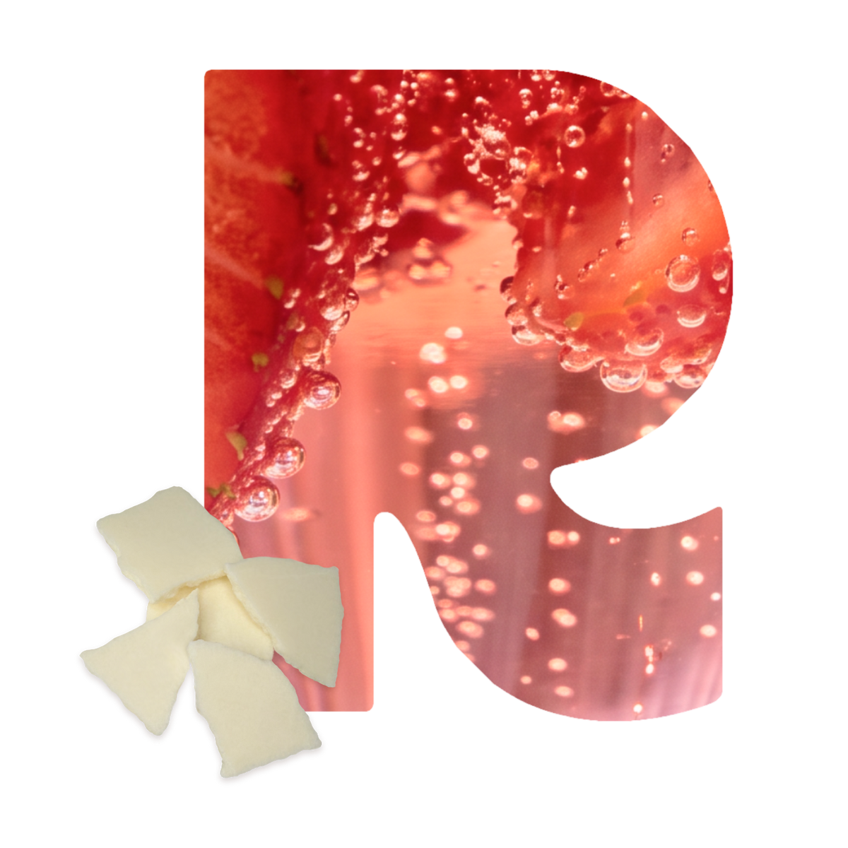 Rareform R graphic with white crème pieces for Strawberry Champagne flavor